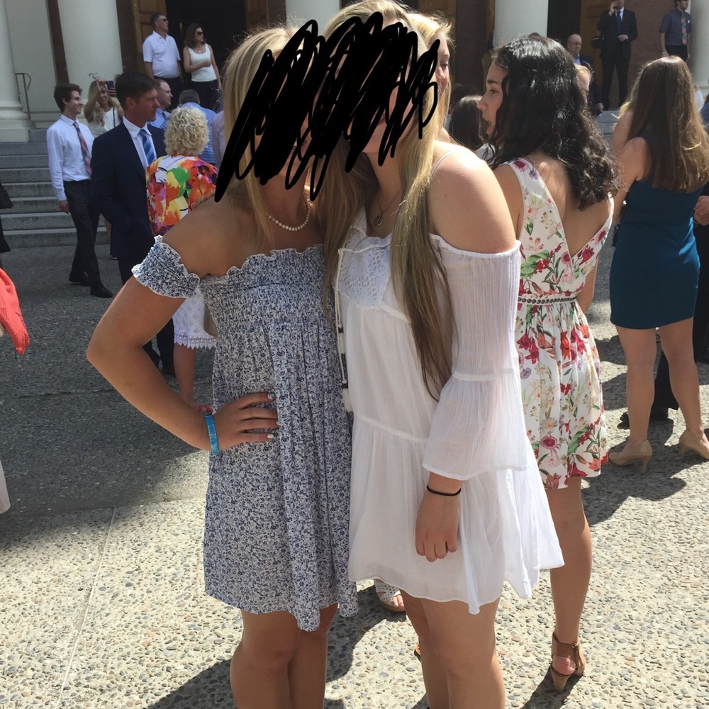 Over the shoulder blue floral dress